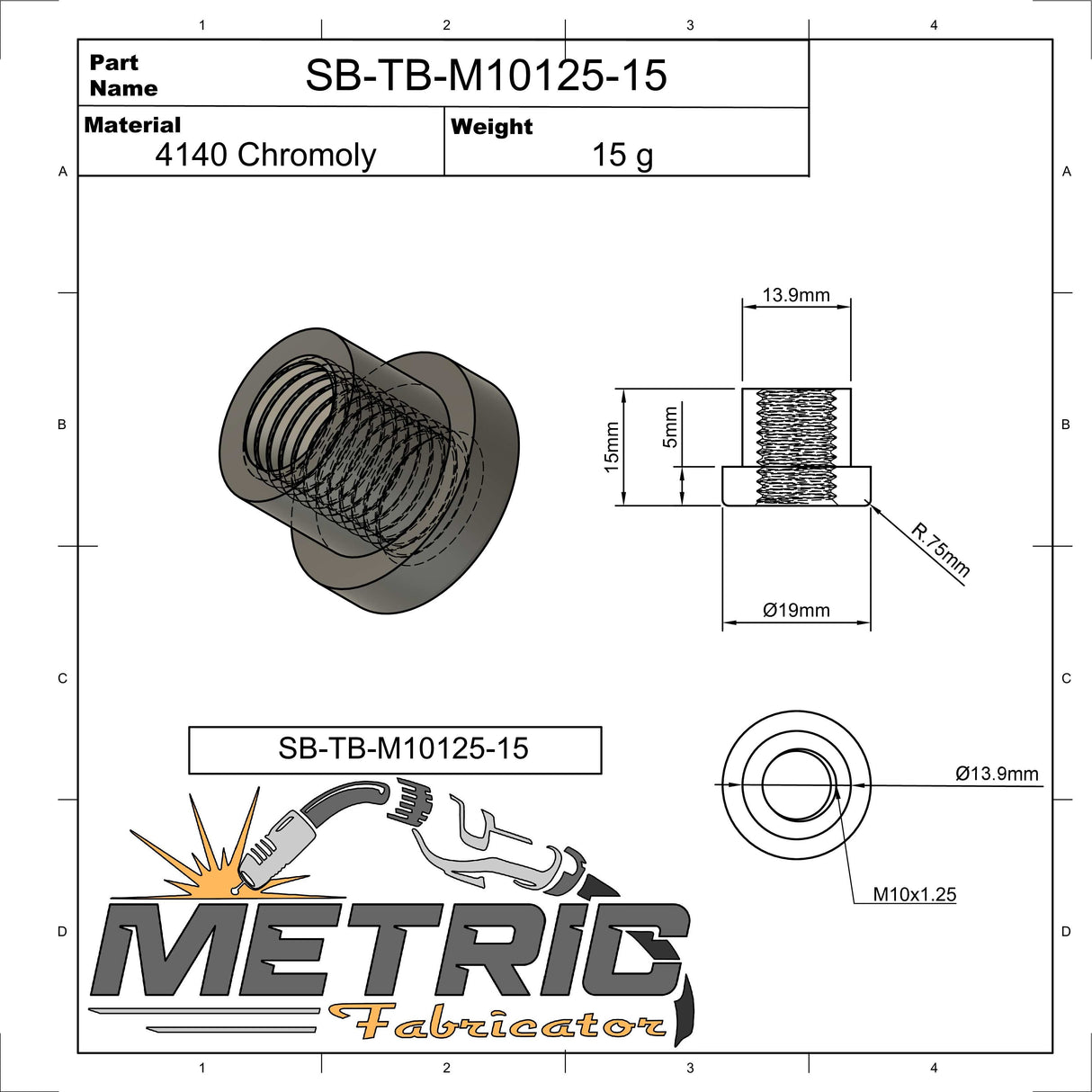15mm M10x1.25 T-Bung