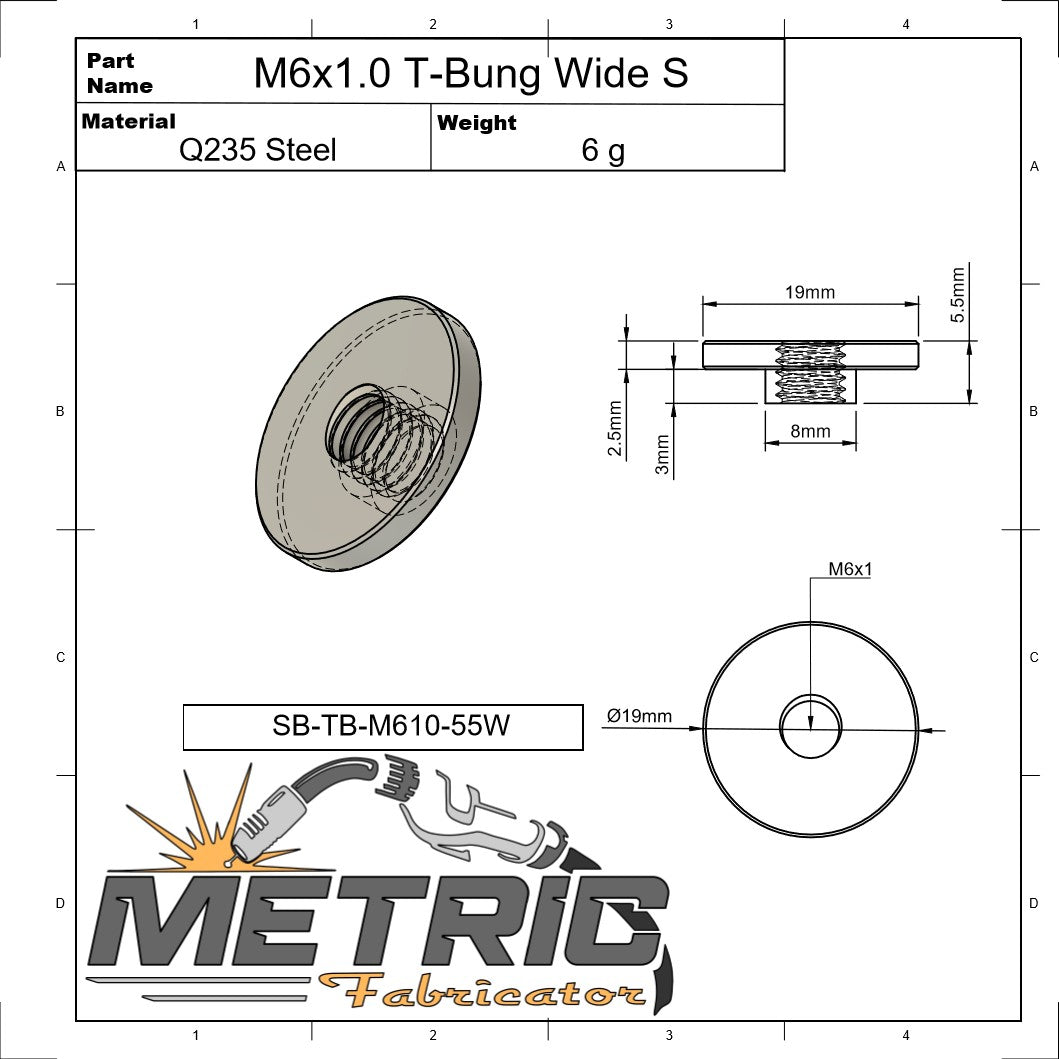 M6x1.0 Short Weld T-Bung Wide